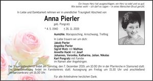 Traueranzeige Anna Pierler