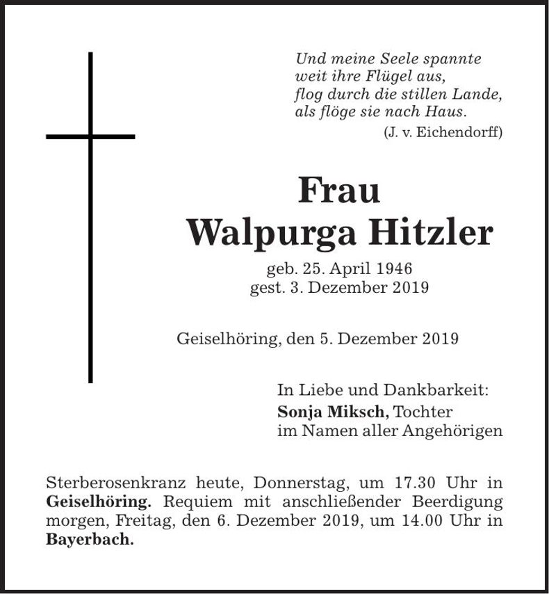 Traueranzeige Walpurga Hitzler