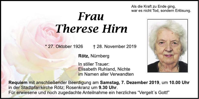 Traueranzeige Therese Hirn