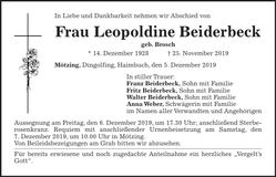 Traueranzeige Leopoldine Beiderbeck