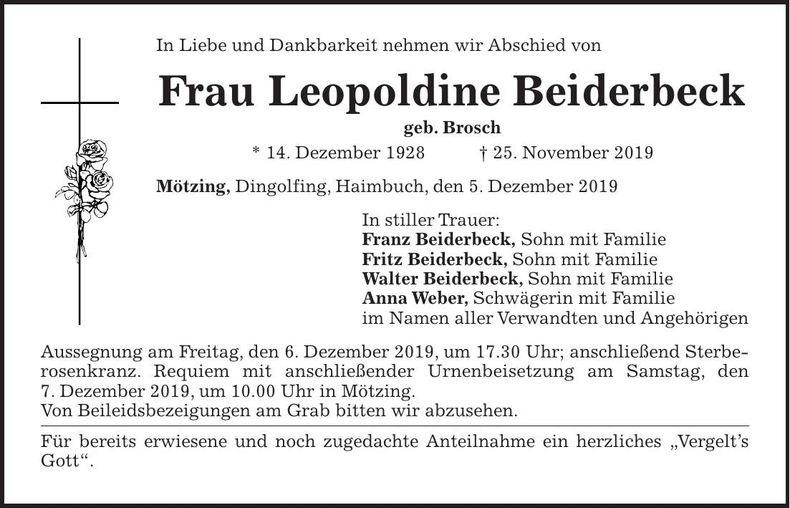 Traueranzeige Leopoldine Beiderbeck