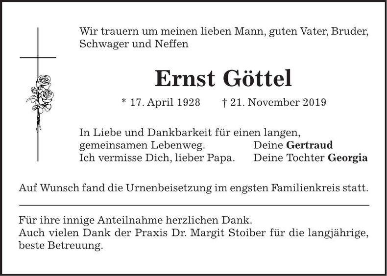 Traueranzeige Ernst Göttel