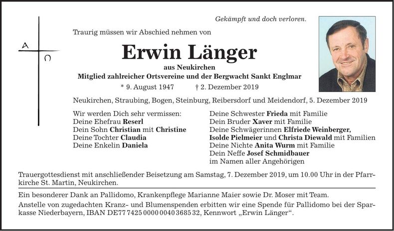 Traueranzeige Länger Erwin
