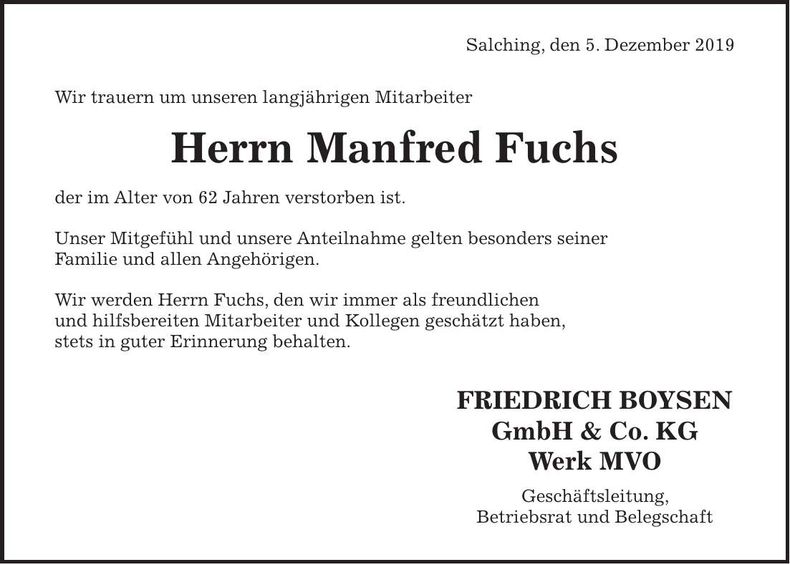 Traueranzeige Manfred Fuchs