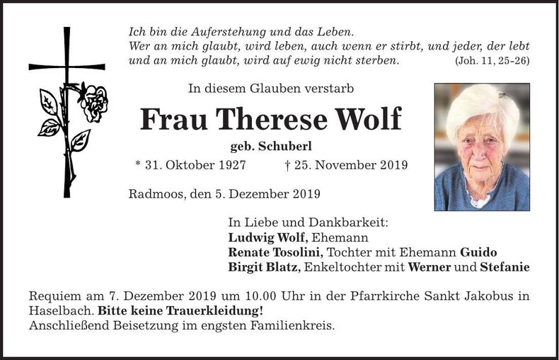 Traueranzeige Therese Wolf