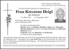 Traueranzeige Kreszenz Heigl