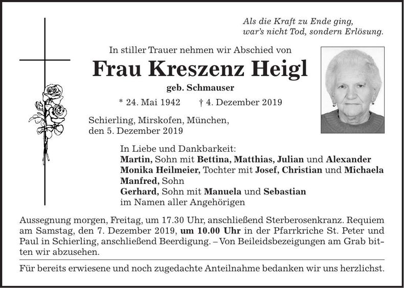 Traueranzeige Kreszenz Heigl