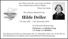 Traueranzeige Hilde Deller