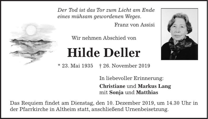 Traueranzeige Hilde Deller