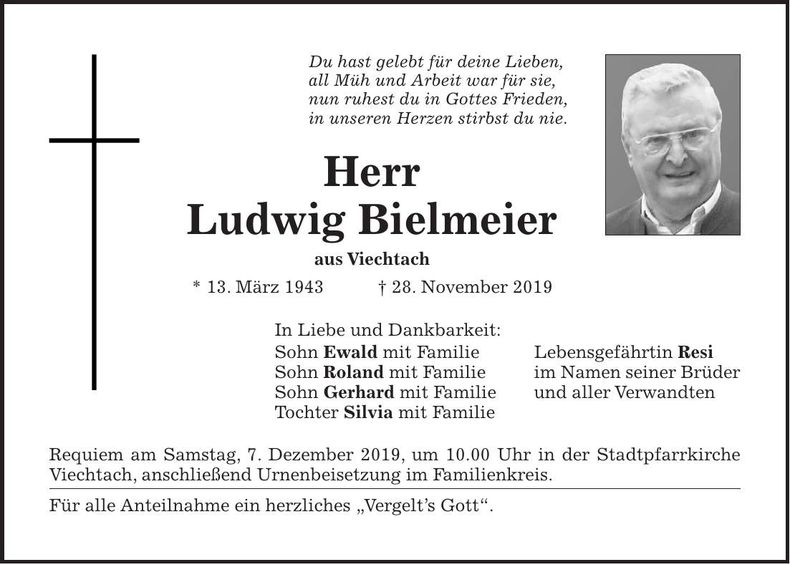 Traueranzeige Bielmeier Ludwig