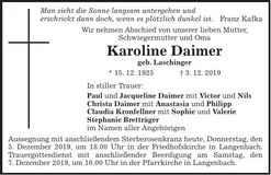 Traueranzeige Karoline Daimer