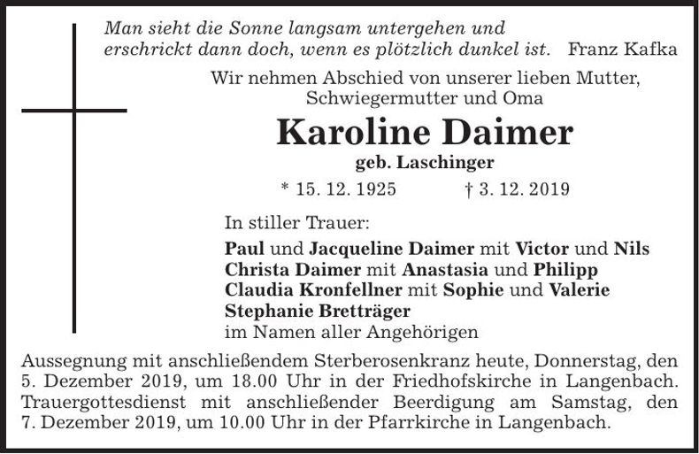 Traueranzeige Karoline Daimer