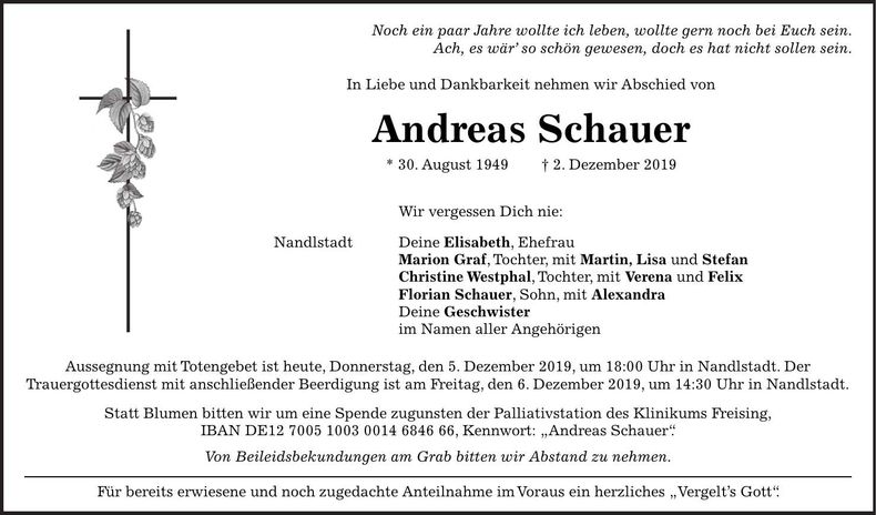 Traueranzeige Andreas Schauer