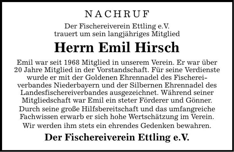 Traueranzeige Emil Hirsch