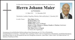 Traueranzeige Johann Maier