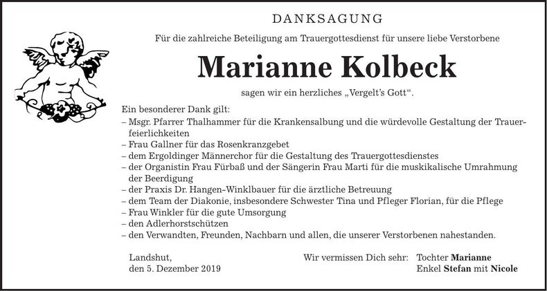 Traueranzeige Marianne Kolbeck