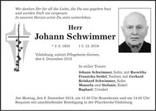 Traueranzeige Johann Schwimmer