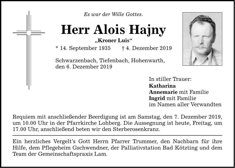 Traueranzeige Alois Hajny