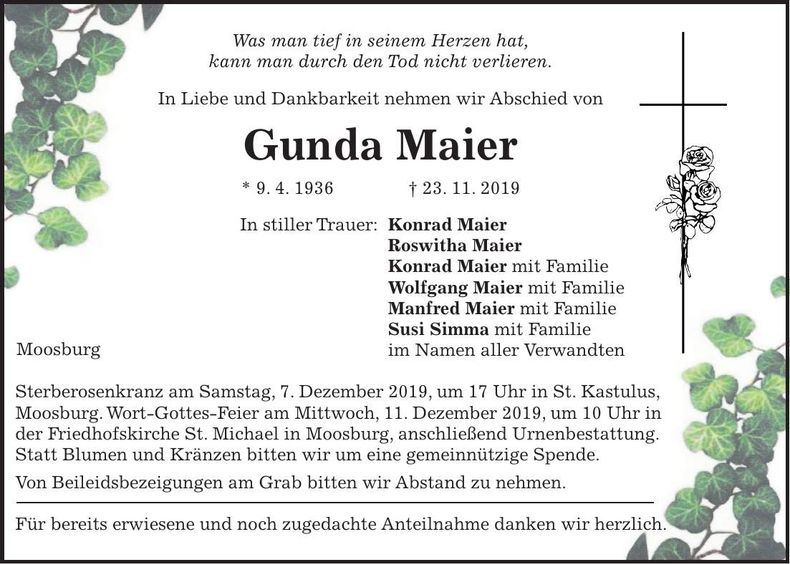 Traueranzeige Gunda Maier
