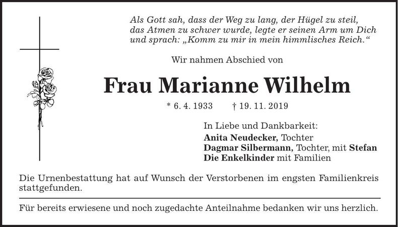 Traueranzeige Marianne Wilhelm