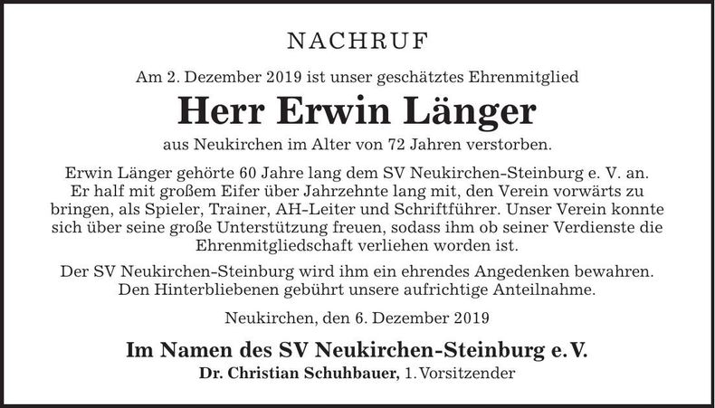 Traueranzeige Erwin Länger