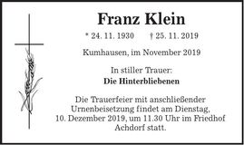 Traueranzeige Franz Klein