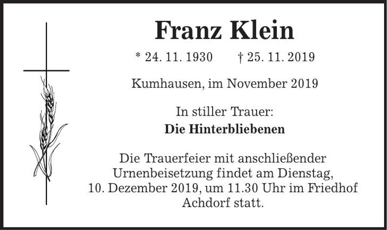 Traueranzeige Franz Klein