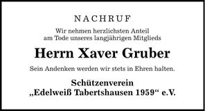 Traueranzeige Xaver Gruber
