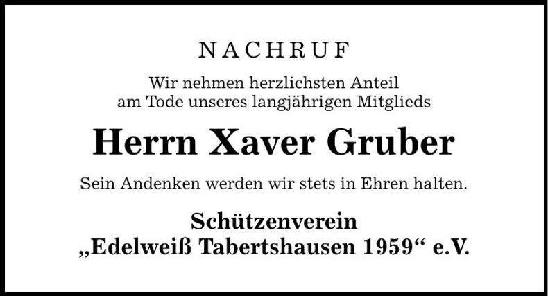 Traueranzeige Xaver Gruber