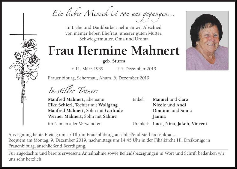 Traueranzeige Hermine Mahnert