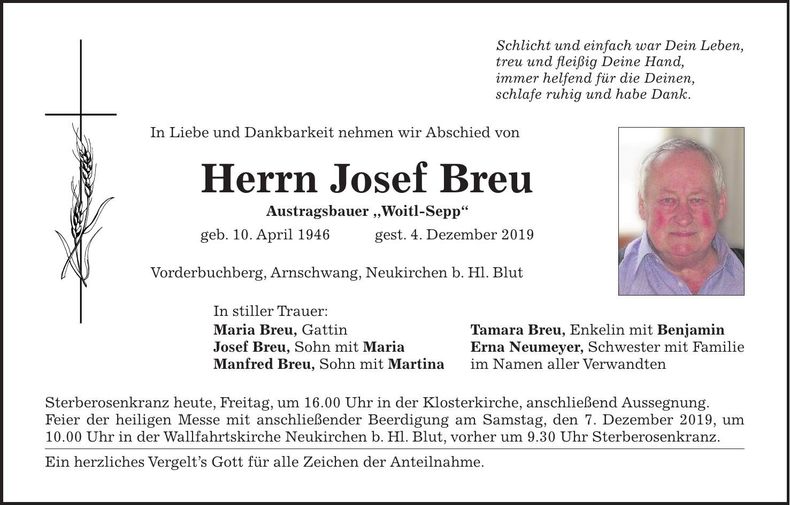 Traueranzeige Josef Breu