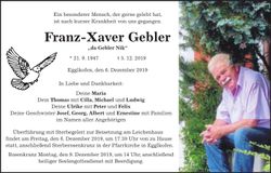 Traueranzeige Franz-Xaver Gebler