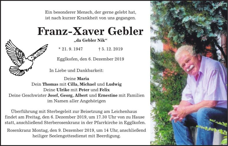 Traueranzeige Franz-Xaver Gebler