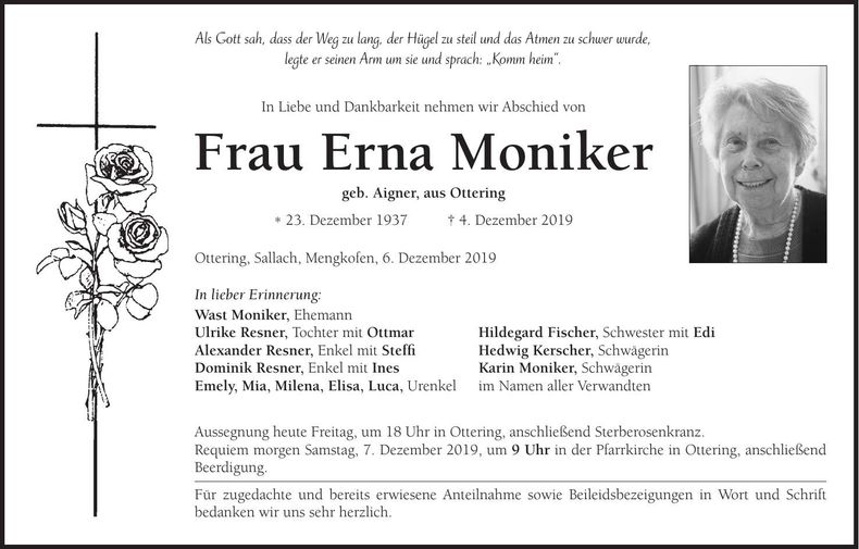 Traueranzeige Erna Moniker