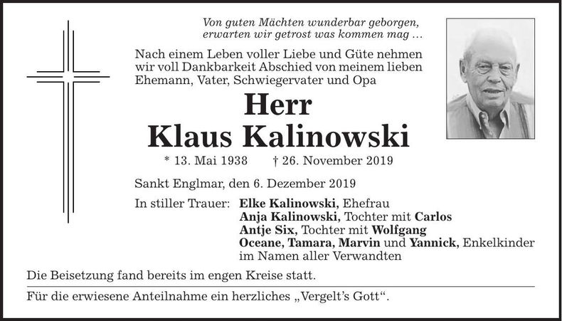 Traueranzeige Klaus Kalinowski