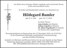 Traueranzeige Hildegard Bamler
