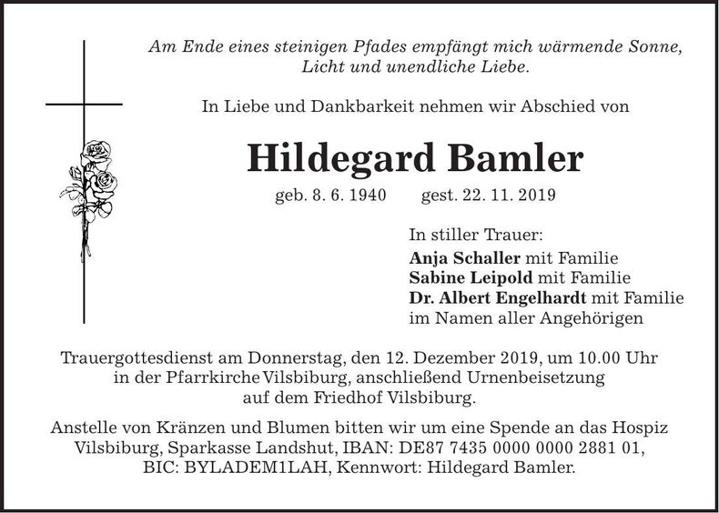 Traueranzeige Hildegard Bamler