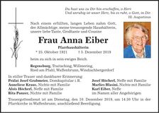 Traueranzeige Anna Eiber