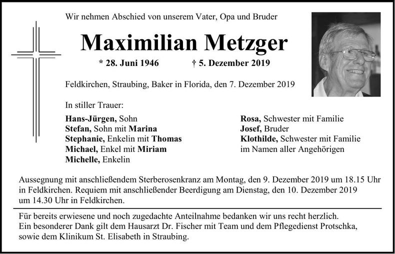 Traueranzeige Maximilian Metzger