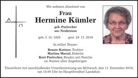 Traueranzeige Hermine Kümler