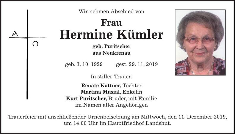 Traueranzeige Hermine Kümler