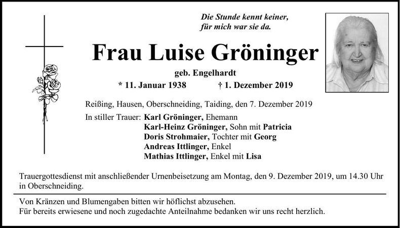 Traueranzeige Luise Gröninger