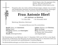 Traueranzeige Antonie Hierl