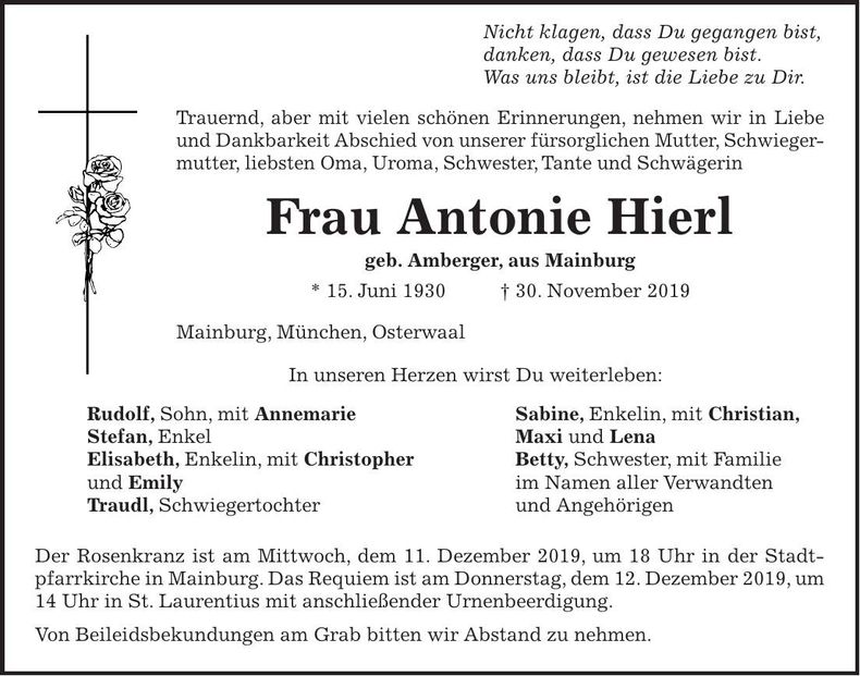 Traueranzeige Antonie Hierl
