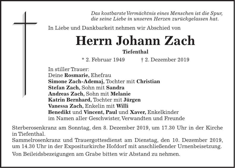Traueranzeige Johann Zach