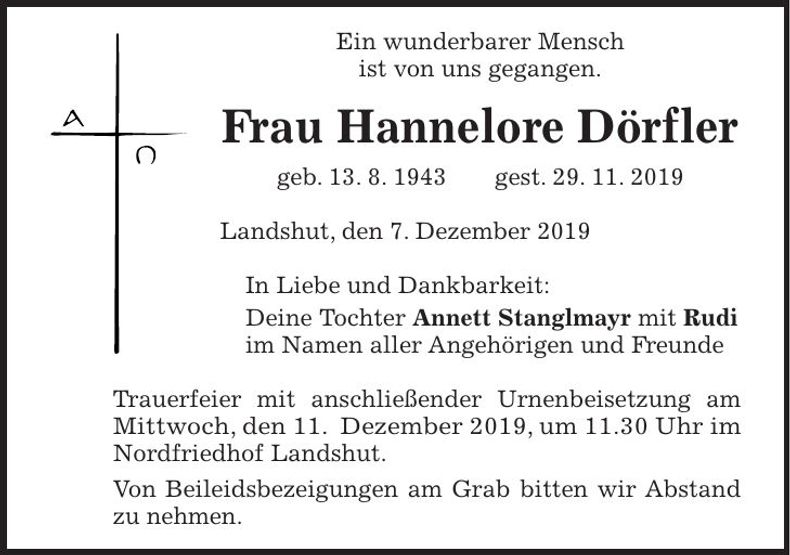 Traueranzeige Hannelore Dörfler