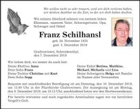 Traueranzeige Franz Schilhansl