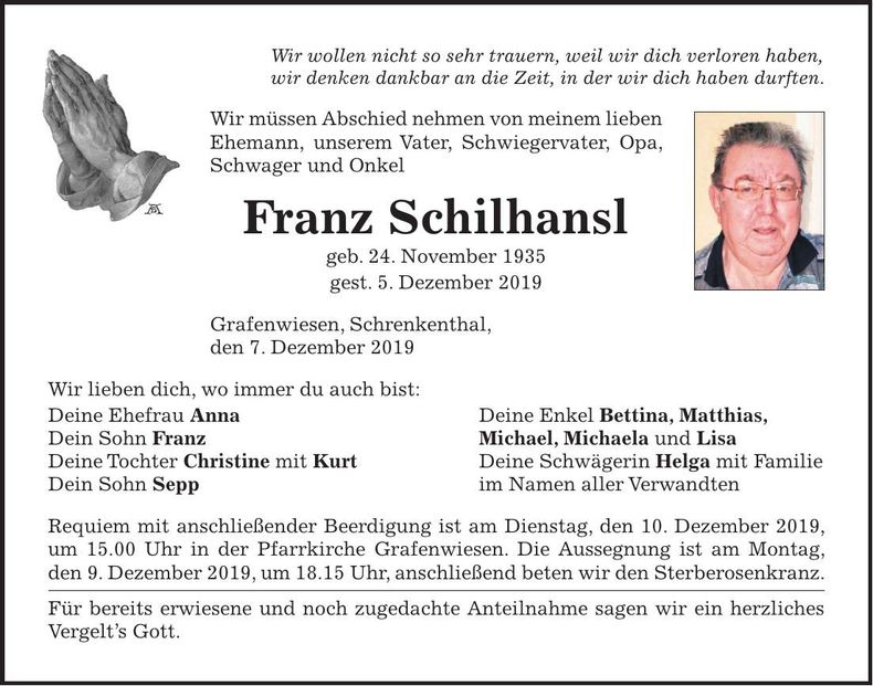 Traueranzeige Franz Schilhansl