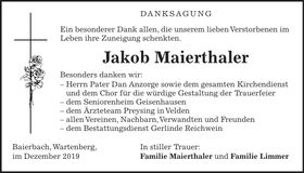 Traueranzeige Jakob Maierthaler