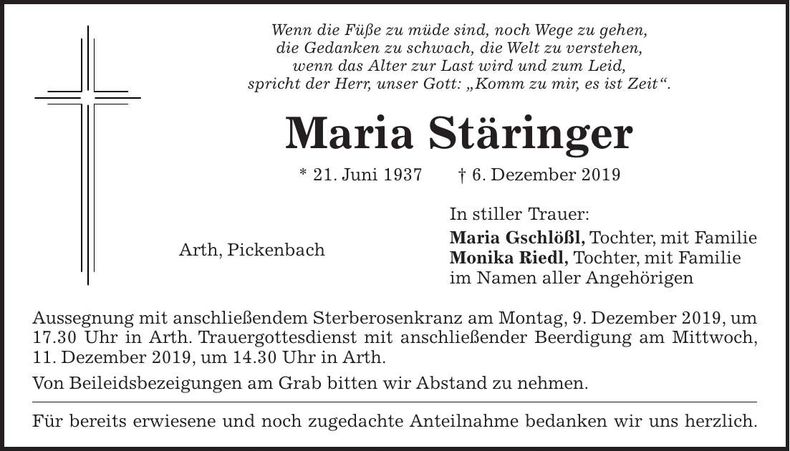 Traueranzeige Maria Stäringer